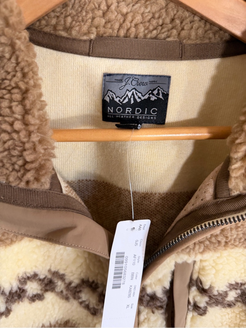 J.Crew Nordic Sherpa Fleece Full Zip Jacket Fair Isle Tan Beige Size XL NWT - Picture 2 of 4